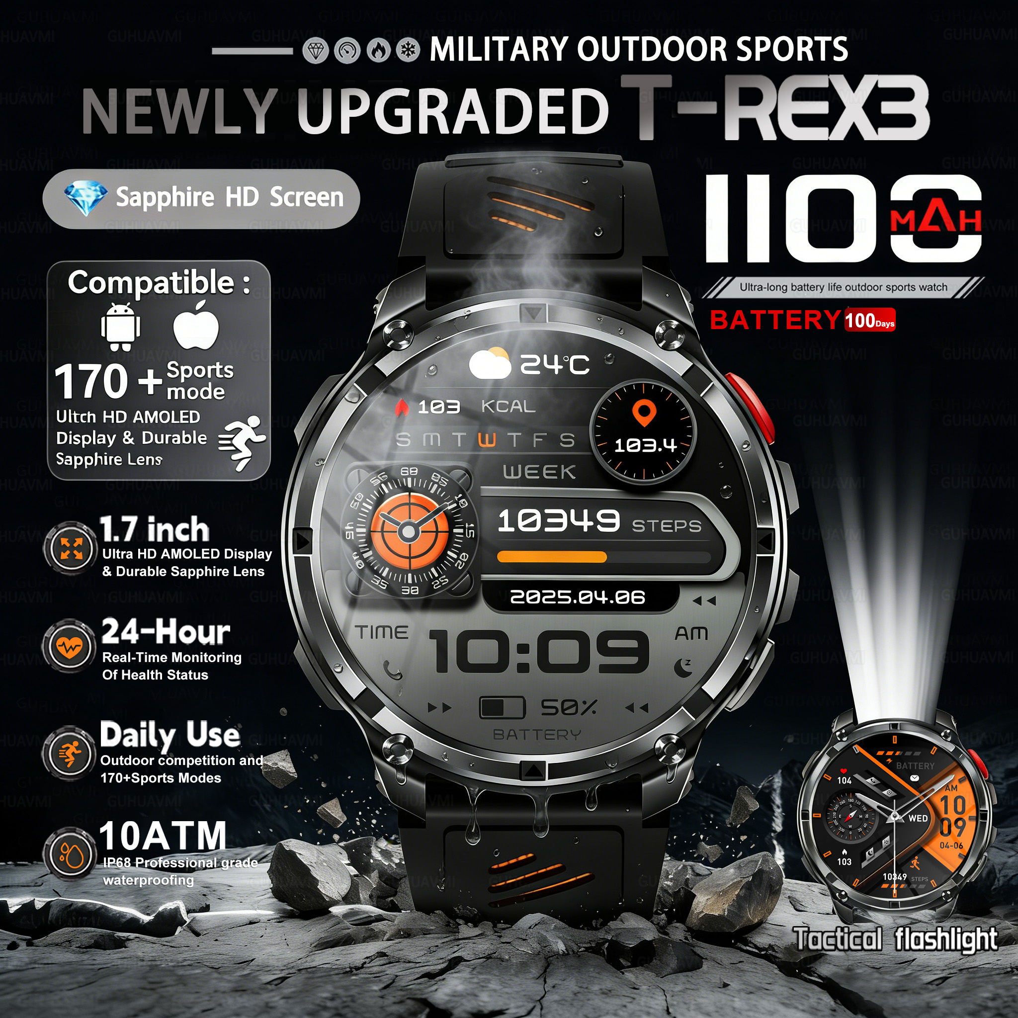 Gps Running Watch - T-REX 3 Military Smartwatch Men 1100mAh